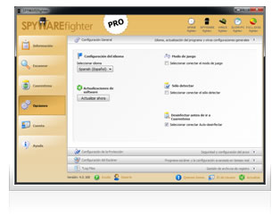 Desde "Opciones", en el menú de la izquierda, Ud. podrá configurar lo siguiente: Seguridad, Actualización de Software, opciones de Proxy, Acciones para los archivos infectados, opciones avanzadas en tiempo real, programar el escáner, opciones de Idioma y ver los archivos de Registro.